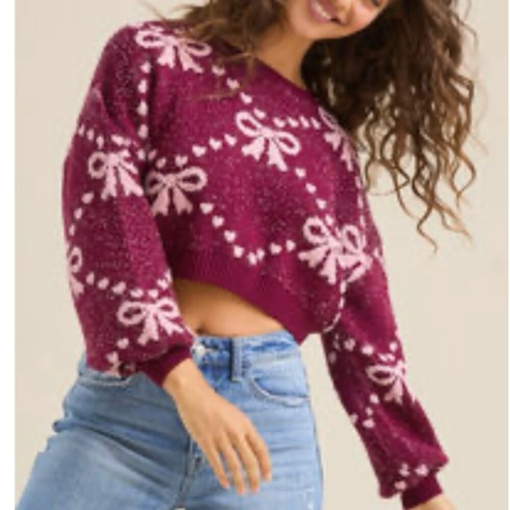 Altar'd State Rose Bows Wine Sweater